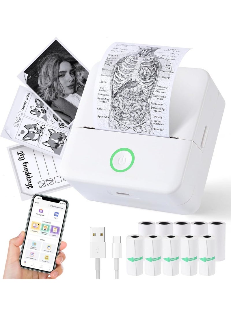 AiQi Thermal Inkless Mini Printer Portable Bluetooth Sticker Printer with 10 Paper Rolls Pocket Mobile Printing for Notes and DIY Compatible with iOS and Android White for Everyday Use - Image 1