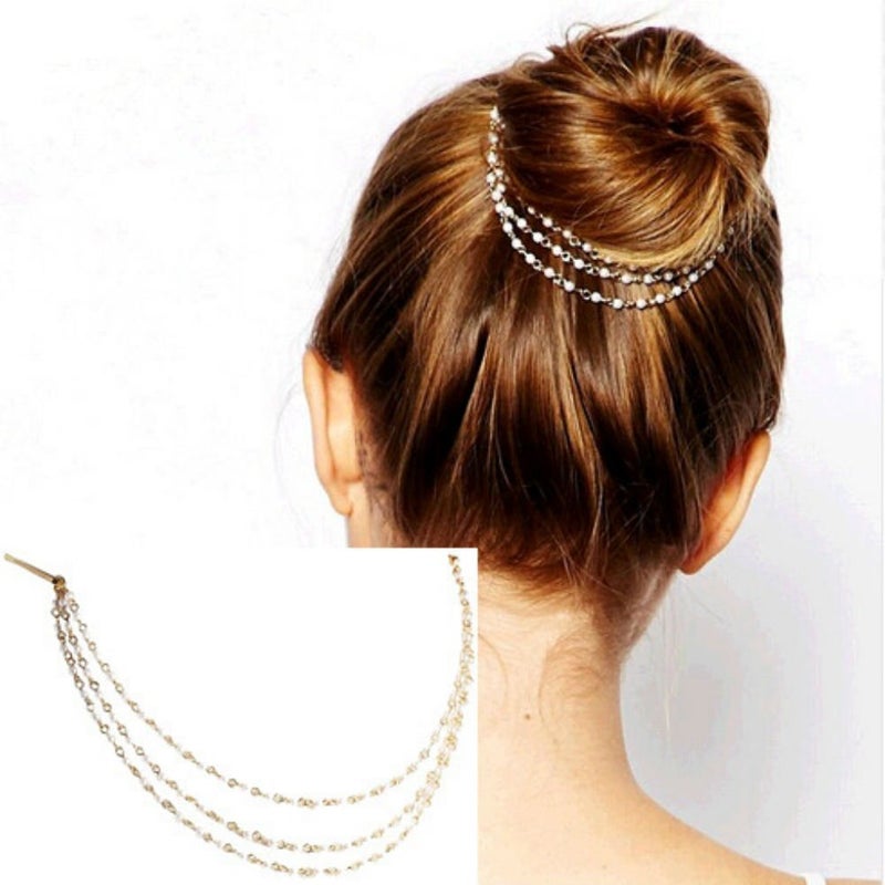 AKOAK AKOAK Punk Hair Cuff Pin Clip 2 Combs Multilayer Tassels Artificial Pearl Chains Decorate Hair Clip Headwear Edge Clips Boho Meatball Head Accessories