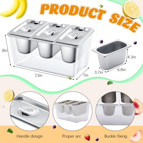 Singhoow 3 Containers Ice Chilled Condiment Caddy 305 oz Stainless Steel Serving Dish with Lids 375 Cup for Bar Cold Accessories Hummus Fruit Salad Sauces Party Restaurant Serving Supply - Image 3
