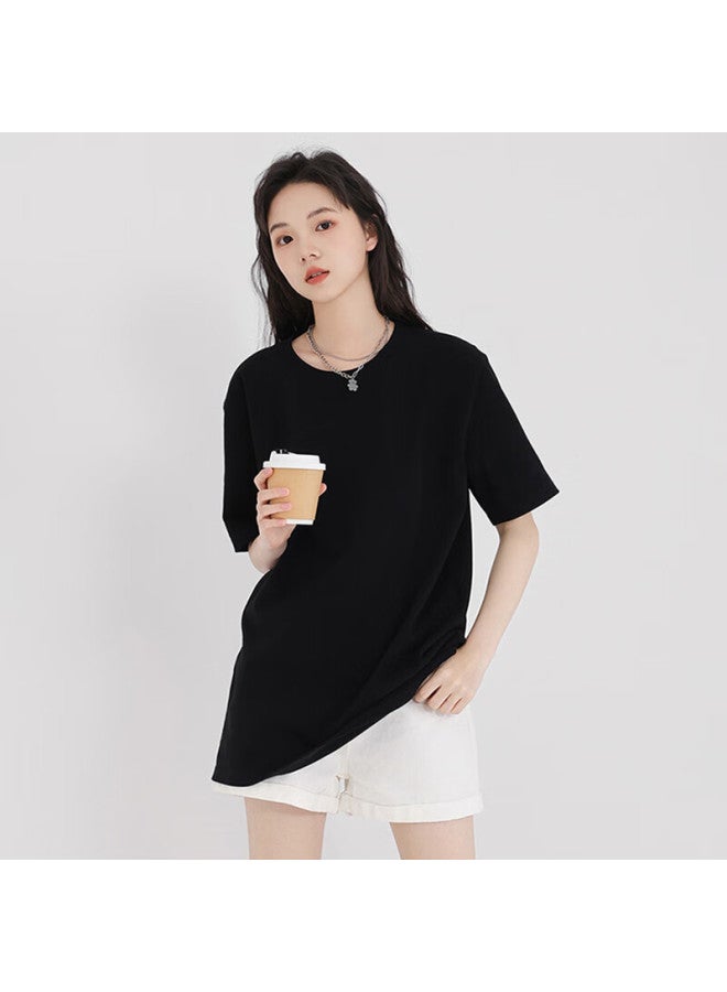 Don't speak Casual Loose Fit Long T-shirt Women's Short Sleeve Summer Heavyweight Cotton Round Neck Covering Half Sleeve Top Black S - Image 2