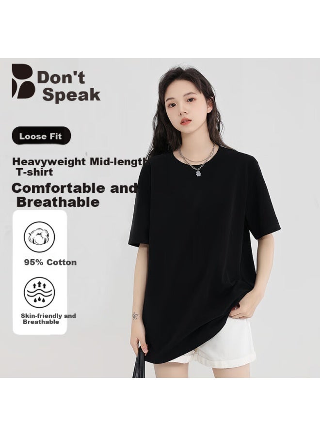 Don't speak Casual Loose Fit Long T-shirt Women's Short Sleeve Summer Heavyweight Cotton Round Neck Covering Half Sleeve Top Black S - Image 1