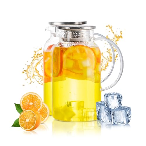LSR LORESO Round Glass Pitcher with Lid & Spout, 2 Pack 1.8L 60 Oz – Water Pitcher with Handle for Fridge, Brosilicate Glass Carafe Hot & Cold Drink, Large Jug for Icead Tea Coffe Juice, Jarra De Vidrio Con Tapa - Image 1