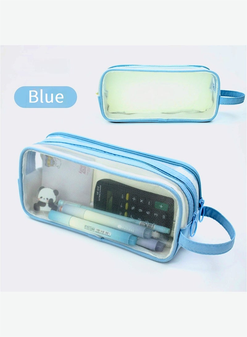 Large Grid Mesh Pencil Case 2 Compartments, Clear Pen Pencil Pouch with Zipper, Multifunction Transparent Stationery Bag for Student College Office Teen Boys Girls Makeup Bag for Adults Travel(Blue) - Image 1