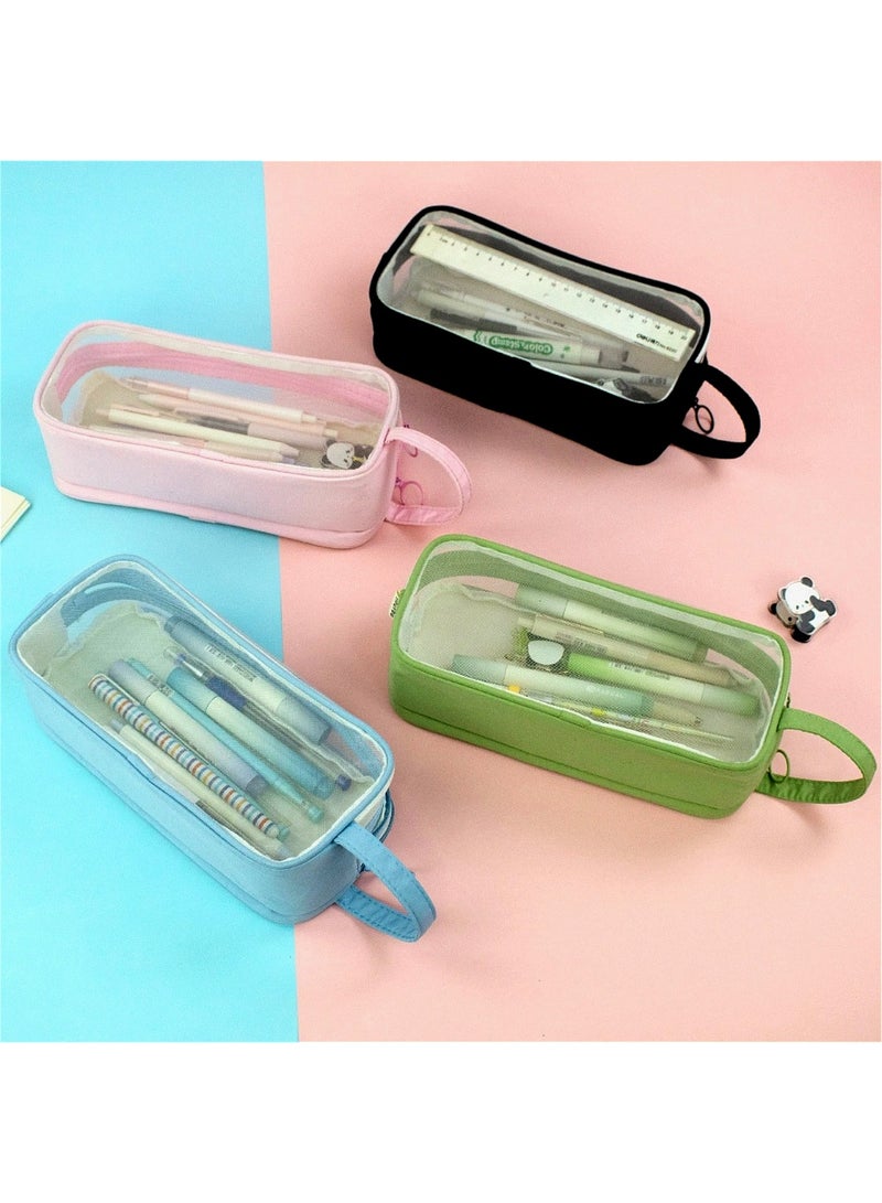 Large Grid Mesh Pencil Case 2 Compartments, Clear Pen Pencil Pouch with Zipper, Multifunction Transparent Stationery Bag for Student College Office Teen Boys Girls Makeup Bag for Adults Travel(Blue) - Image 3