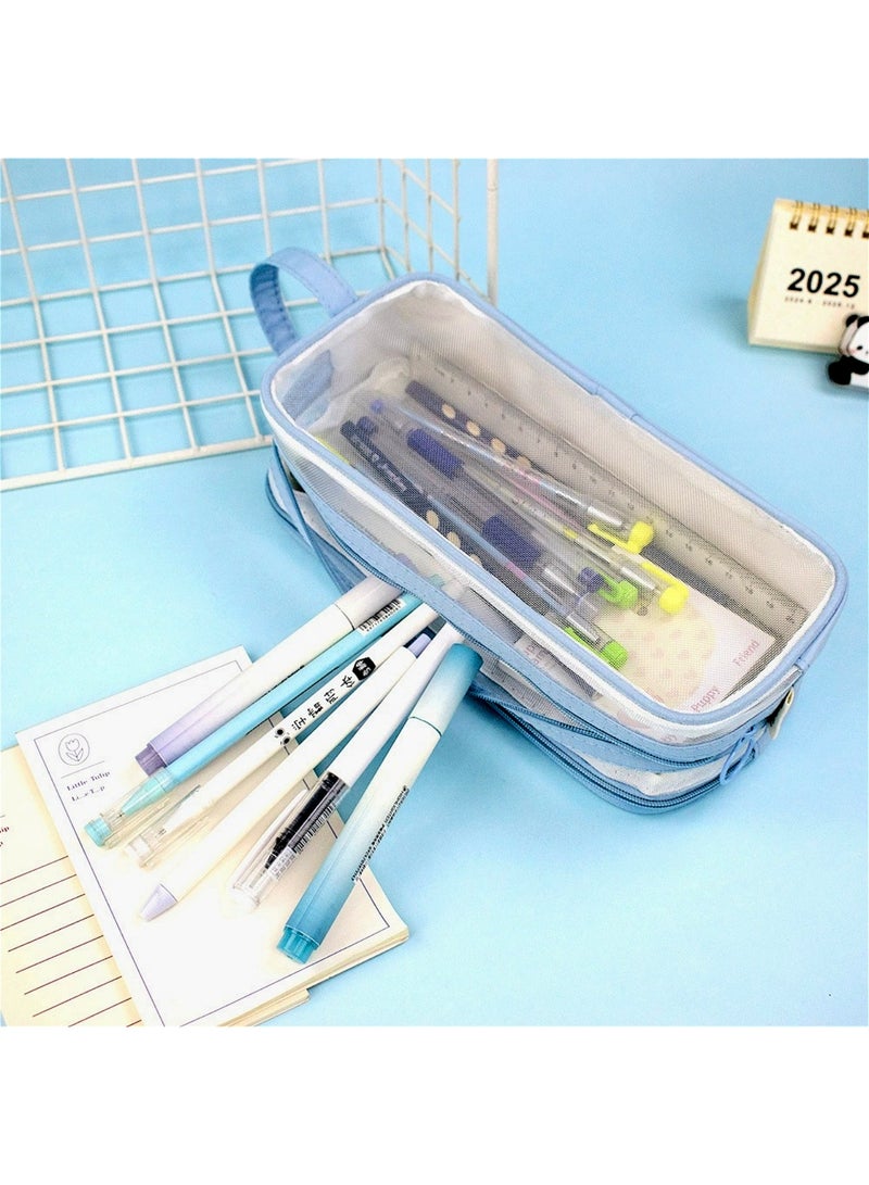 Large Grid Mesh Pencil Case 2 Compartments, Clear Pen Pencil Pouch with Zipper, Multifunction Transparent Stationery Bag for Student College Office Teen Boys Girls Makeup Bag for Adults Travel(Blue) - Image 4