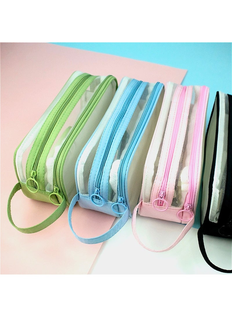 Large Grid Mesh Pencil Case 2 Compartments, Clear Pen Pencil Pouch with Zipper, Multifunction Transparent Stationery Bag for Student College Office Teen Boys Girls Makeup Bag for Adults Travel(Blue) - Image 2