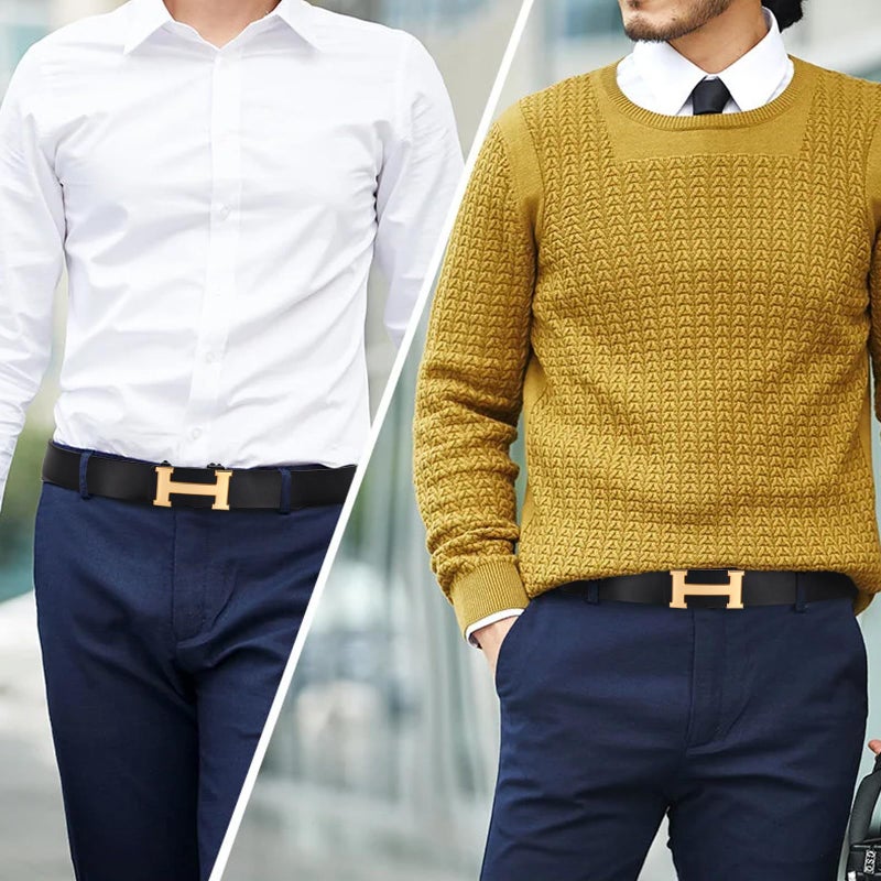 Aurolran Men&Womens Leather Dress Belt Business Automatic Buckle Belt Color-Black Silver Gold - Image 2
