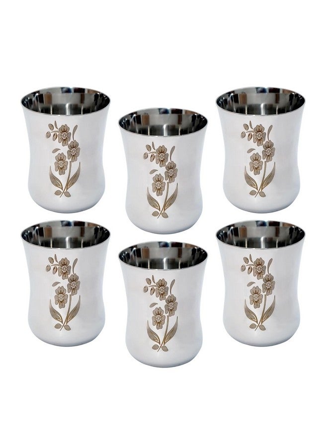 KC Stainless Steel Water Glasses Damru Design with Laser Flower Design | Capacity: 350 ML | Set of 6 Glasses - Image 1