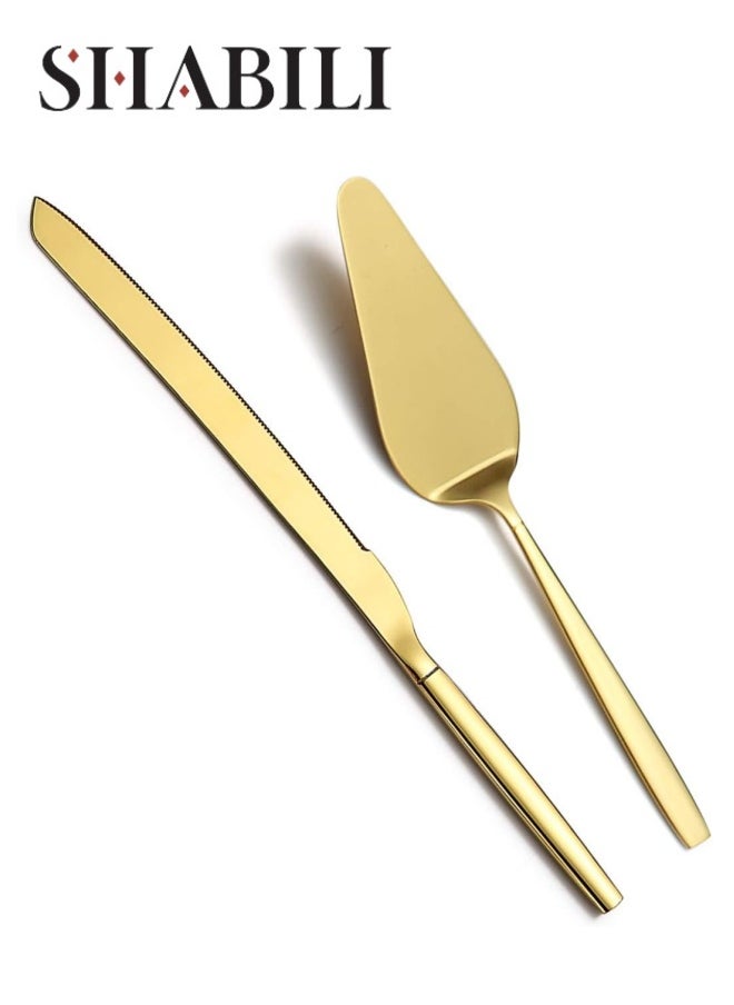 SHABILI 2Pcs Wedding Cake Knife and Server Set, Premium Cake Cutter includes Cake Knife and Pie Server, Stainless Steel Cake Cutting Set for Wedding, Birthday, Anniversary, Gold  - Image 1