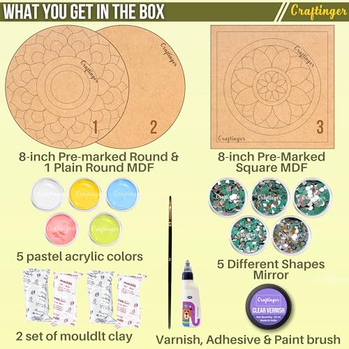 Craftinger Pro Lippan Art Kit 8 Inch For DIY Decor With Pre-Marked MDF Shapes, Acrylic Colors, And Mirrors,Multicolor - Image 3