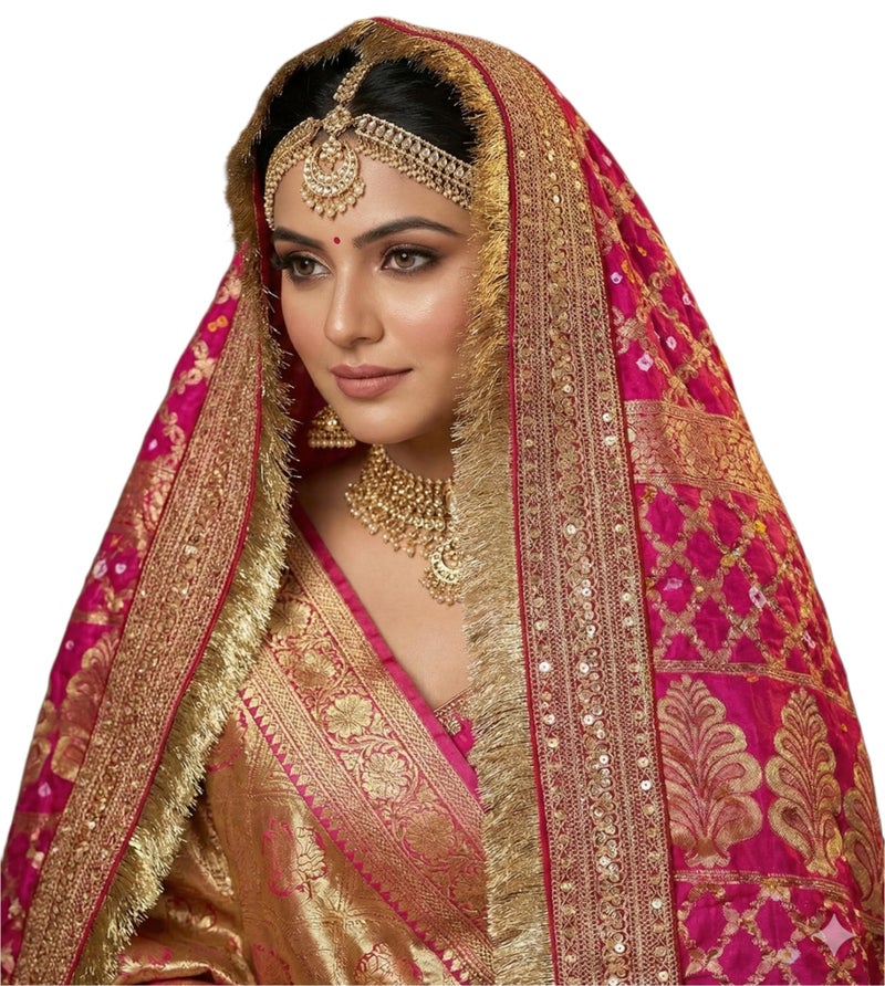 Navti Creations Women Wedding Bridal Magenta Pink Dupatta In Banarasi Silk With Katrina Kaif' Marriage Dupatta's Embroidery Border (2.25M) - Image 1