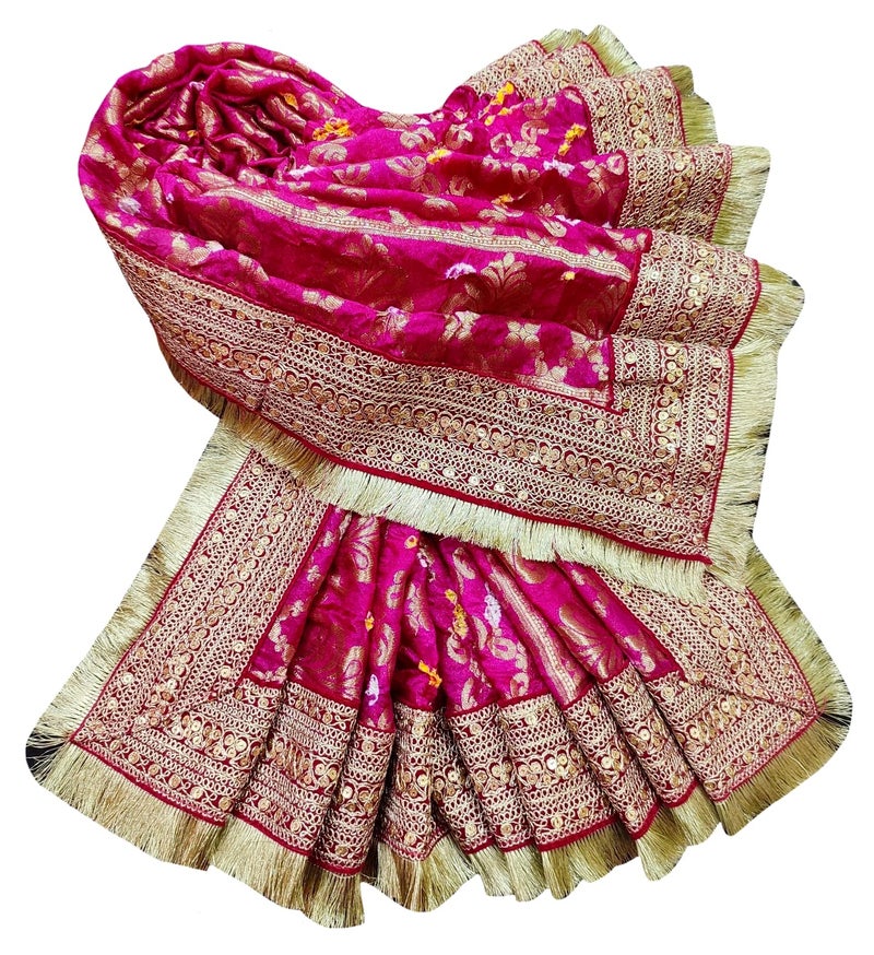 Navti Creations Women Wedding Bridal Magenta Pink Dupatta In Banarasi Silk With Katrina Kaif' Marriage Dupatta's Embroidery Border (2.25M) - Image 4