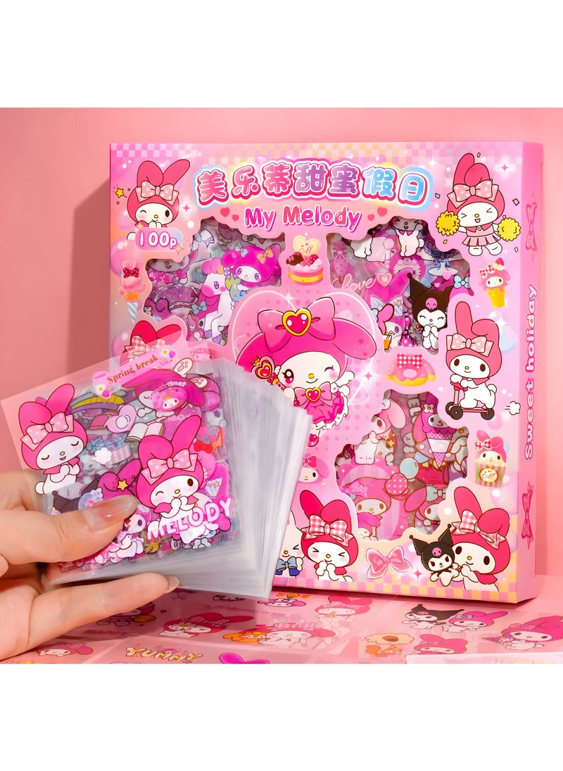 Sanrio - Anime Girl Stickers, 100 Sheets Melody Stickers Kit, Cartoon Aesthetic Decorative Sticker Set, Ideal for Scrapbooking, Journaling, Laptops and Room Decoration for Kids - Image 1