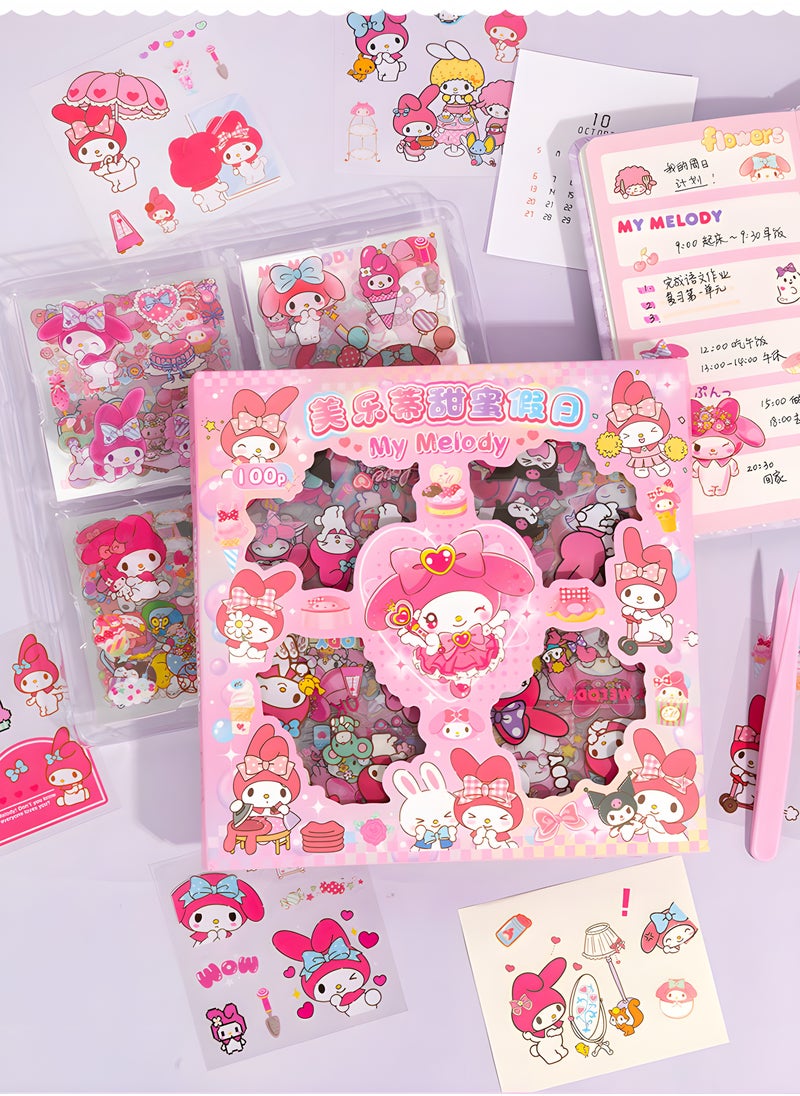 Sanrio - Anime Girl Stickers, 100 Sheets Melody Stickers Kit, Cartoon Aesthetic Decorative Sticker Set, Ideal for Scrapbooking, Journaling, Laptops and Room Decoration for Kids - Image 1
