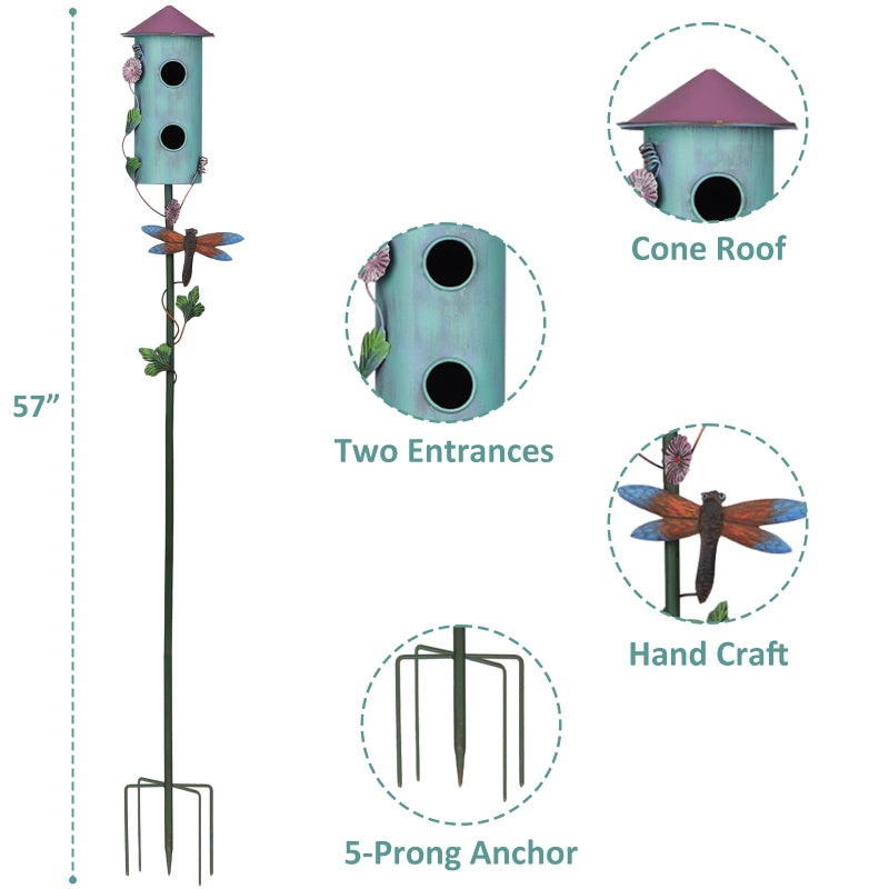 BAYN 57â€ Bird Houses Stake for Outside, Metal Wild Bird Feeder Double-Hole Birdhouse Stake with Cylinders Design Outdoor Decorations for Patio, Backyard, Garden - Image 4