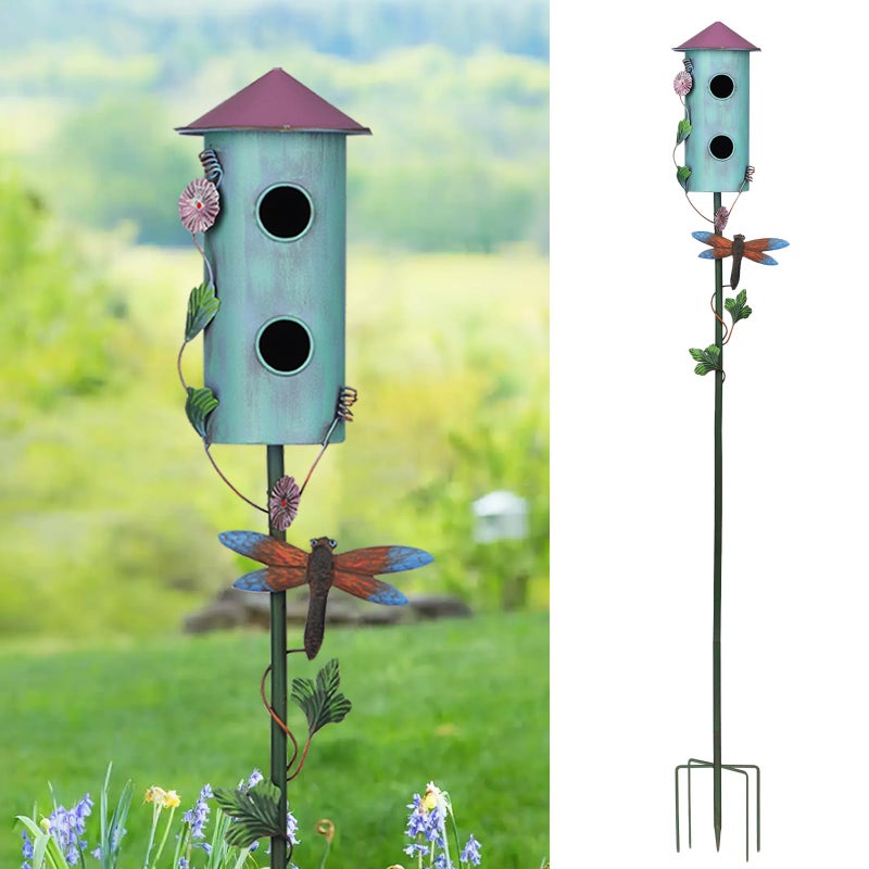 BAYN 57â€ Bird Houses Stake for Outside, Metal Wild Bird Feeder Double-Hole Birdhouse Stake with Cylinders Design Outdoor Decorations for Patio, Backyard, Garden - Image 1