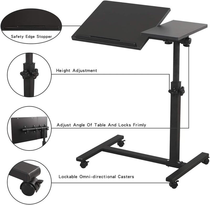 TigerDad Overbed Bedside Desk Mobile Rolling Laptop Stand Tilting Overbed Table with Wheels Height Adjustable Tray Table for Laptop Bed Sofa Side Table (Black) - Image 4