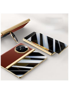 Compatible with Honor Magic V3 Electroplated Frame Magnetic Hinge Protection Grain Leather Case with Lens Holder Privacy Screen Protector For Magic V3