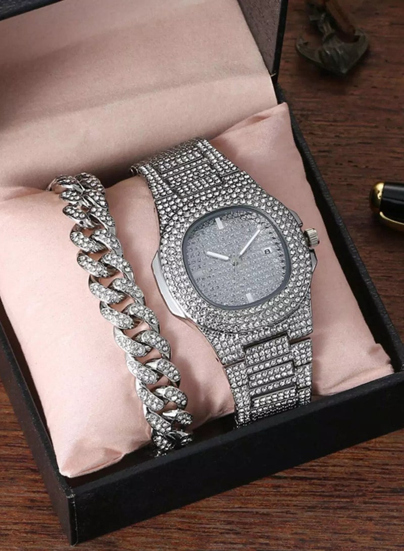 1pc Men Rhinestone Decor Quartz Watch & 1pc Chain Bracelet  - Image 3