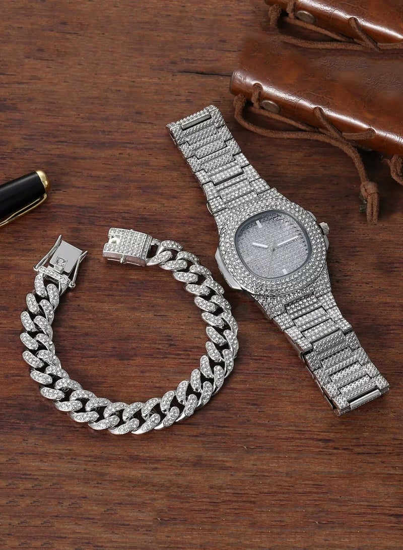 1pc Men Rhinestone Decor Quartz Watch & 1pc Chain Bracelet  - Image 5