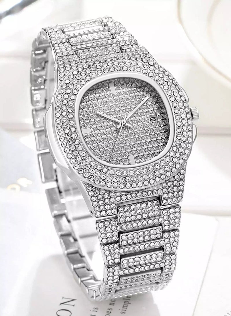 1pc Men Rhinestone Decor Quartz Watch & 1pc Chain Bracelet  - Image 2