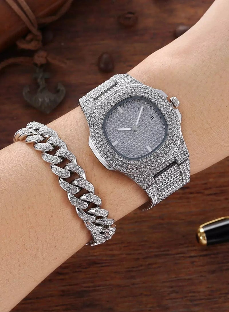 1pc Men Rhinestone Decor Quartz Watch & 1pc Chain Bracelet  - Image 4