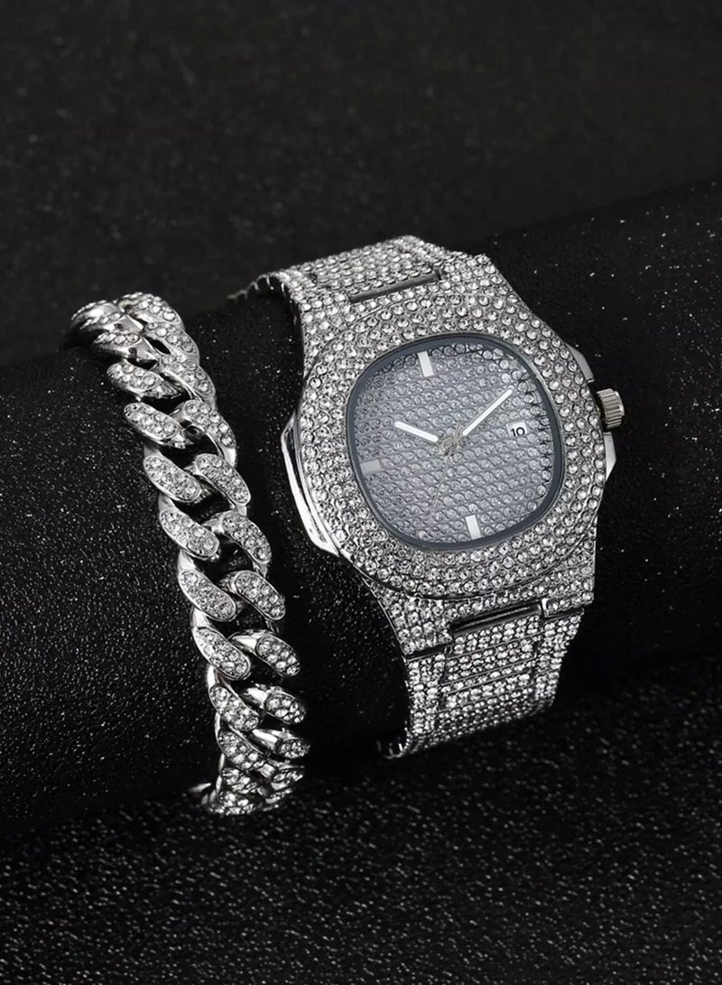 1pc Men Rhinestone Decor Quartz Watch & 1pc Chain Bracelet  - Image 1