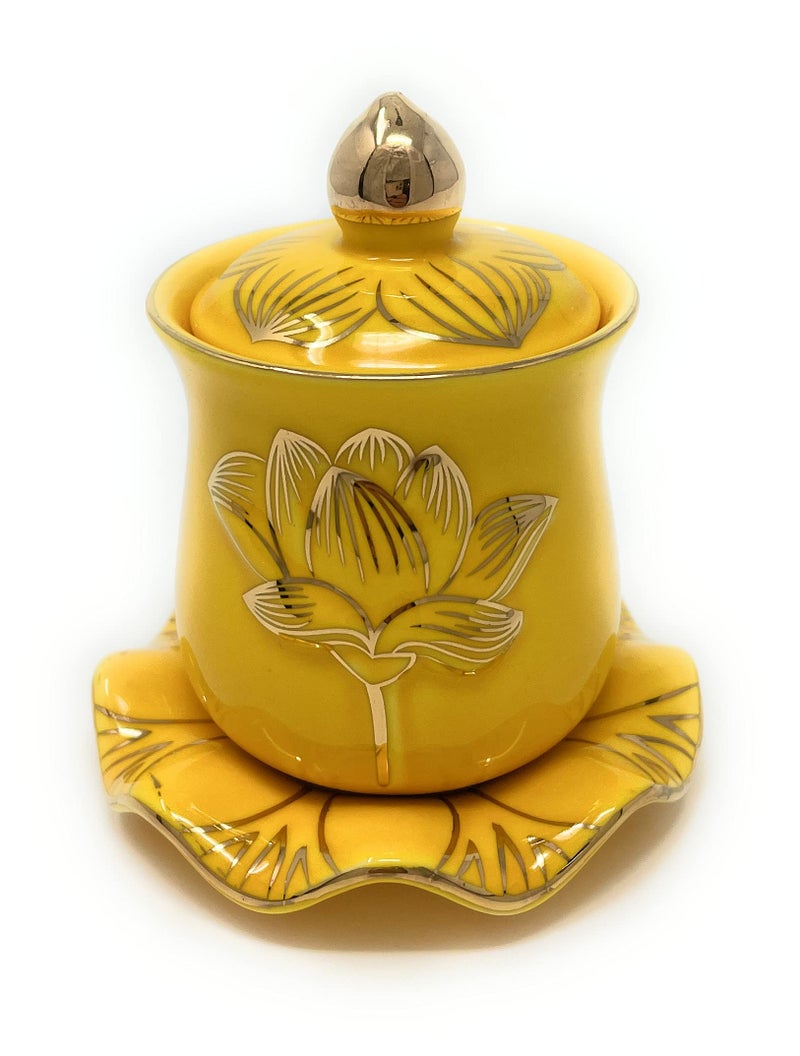 Houlu 1Pc Ceramic Altar Cup  Holy Water Offering Cup  Tibetan Buddhist Worship Cup - Yellow - Image 1