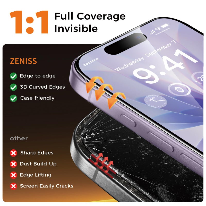 Zeniss NeverBreak 9H+ Hardness for iPhone 17 Screen Protector 12FT Military Grade Protection (Scratch, Shatter, Drop Resistance) Tempered Glass Full Edge Coverage 6.3" 2025, 2 Pack with De-Bubble Card - Image 4