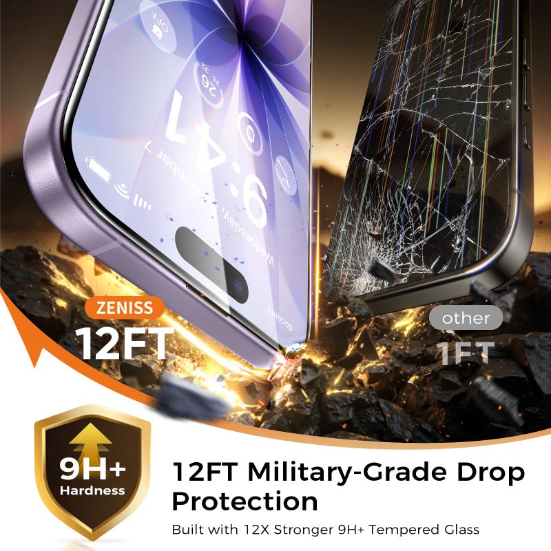 Zeniss NeverBreak 9H+ Hardness for iPhone 17 Screen Protector 12FT Military Grade Protection (Scratch, Shatter, Drop Resistance) Tempered Glass Full Edge Coverage 6.3" 2025, 2 Pack with De-Bubble Card - Image 2