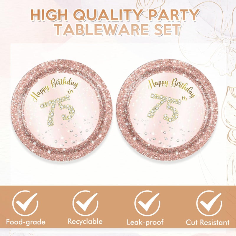 KHAIVI 75th Birthday Decorations for Women,75th Birthday Party Plates and Napkins,Rose Gold 75 Year Old Party Theme Tableware 75 Party Table Decorations Supplies,Disposable 7'' Paper Plates, Napkins - Image 3