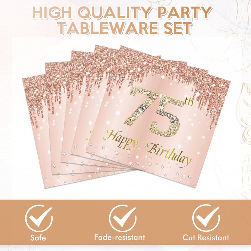 KHAIVI 75th Birthday Decorations for Women,75th Birthday Party Plates and Napkins,Rose Gold 75 Year Old Party Theme Tableware 75 Party Table Decorations Supplies,Disposable 7'' Paper Plates, Napkins - Image 4