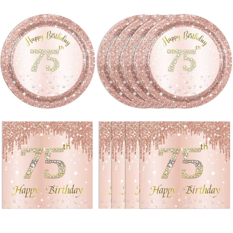 KHAIVI 75th Birthday Decorations for Women,75th Birthday Party Plates and Napkins,Rose Gold 75 Year Old Party Theme Tableware 75 Party Table Decorations Supplies,Disposable 7'' Paper Plates, Napkins - Image 1