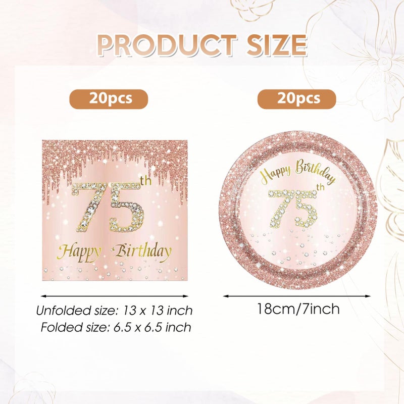 KHAIVI 75th Birthday Decorations for Women,75th Birthday Party Plates and Napkins,Rose Gold 75 Year Old Party Theme Tableware 75 Party Table Decorations Supplies,Disposable 7'' Paper Plates, Napkins - Image 2