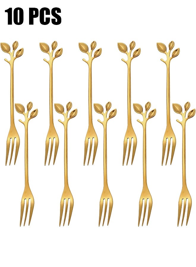 HY 10 Pcs Leaf Shape Fruit Forks Set, Stainless Steel Gold Fruit Salad Forks, 4.7 Inches Tasting Dessert Forks (Golden) - Image 1