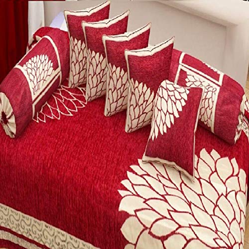 FRESH FROM LOOM Chenille Floral 500 TC Diwan Set Rust - 1 Single Bedsheet with 2 Bolster Covers and 5 Cushion Covers (8pc Set) - Image 3