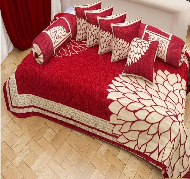 FRESH FROM LOOM Chenille Floral 500 TC Diwan Set Rust - 1 Single Bedsheet with 2 Bolster Covers and 5 Cushion Covers (8pc Set) - Image 4