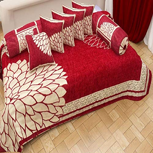 FRESH FROM LOOM Chenille Floral 500 TC Diwan Set Rust - 1 Single Bedsheet with 2 Bolster Covers and 5 Cushion Covers (8pc Set) - Image 1