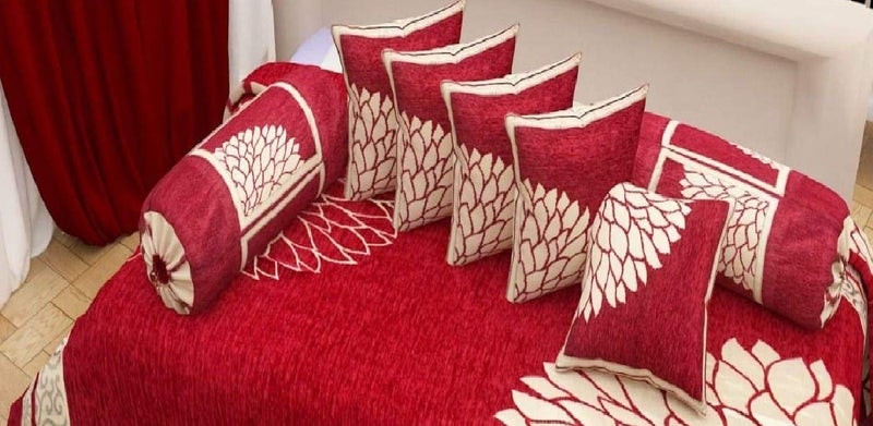 FRESH FROM LOOM Chenille Floral 500 TC Diwan Set Rust - 1 Single Bedsheet with 2 Bolster Covers and 5 Cushion Covers (8pc Set) - Image 2