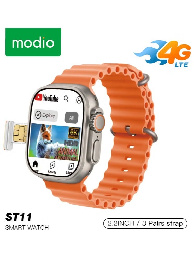 modio ST11 Smartwatch 2.2 Inch Large Screen Display with 4G SIM Card Slot – 3 Pair Straps, Full Functionality, and Stylish Design for Ladies and Gents - Image 1