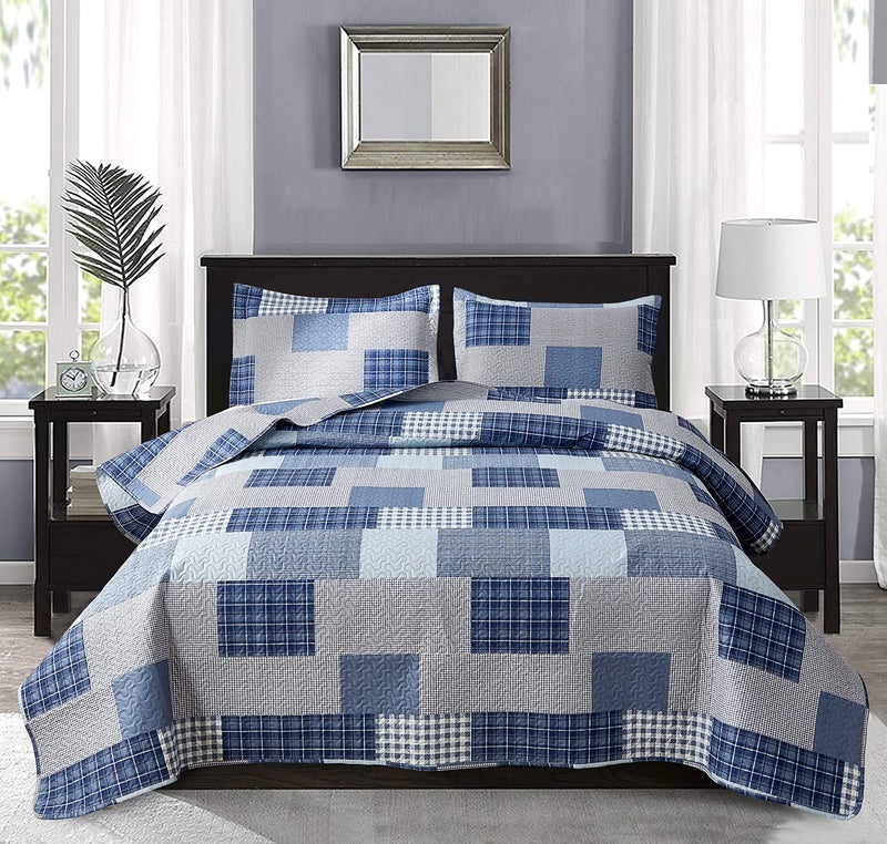 Jarson Blue Plaid Quilts Set Lightweight Summer Bedding King Size 3Pcs Modern Patchwork Bedspreads Reversible Stripe Coverlet Pillow Shams