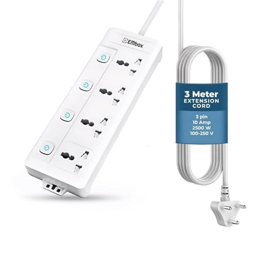 EMBOX Extension Board with Switches 2500 W, 4 Universal Sockets, Individual Switch, Safety Shutter, 6 amp Spike Guard, LED Indicator and Safety Shutter - Image 1