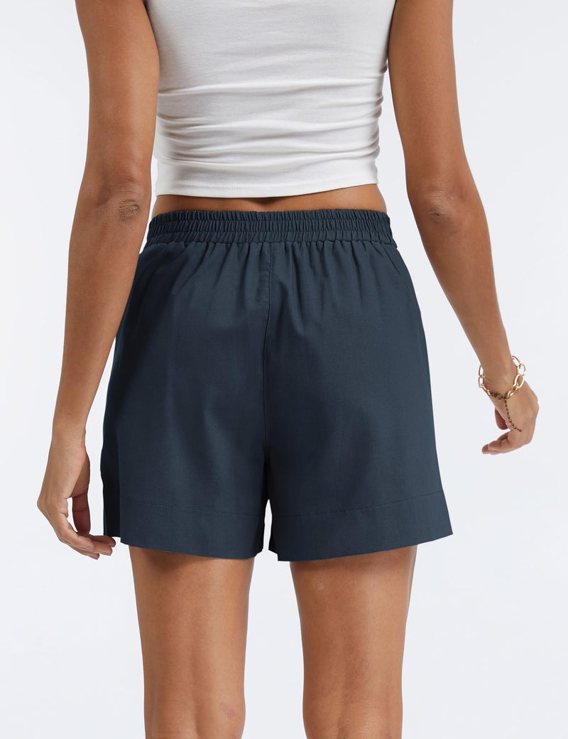 Micoson Women's Linen Blend Pull-On Shorts Casual Summer Cotton Relaxed Shorts Mid Waisted Short with Pockets 2026 Navy M - Image 2