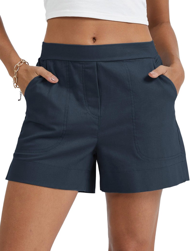 Micoson Women's Linen Blend Pull-On Shorts Casual Summer Cotton Relaxed Shorts Mid Waisted Short with Pockets 2026 Navy M - Image 1