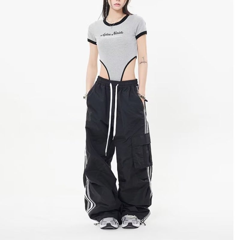 Casual Striped Cargo Pants Women Loose Fit Black  - Image 4