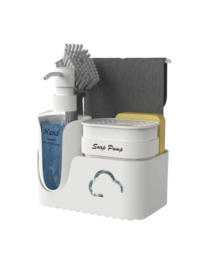 الأساسيات الحضرية مجموعة موزع صابون اليدين والأطباق 5 في 1 مع حامل إسفنجة، وحامل فرشاة ورف مناشف، ومجموعة مضخة صابون الأطباق مع موزع صابون اليدين، ومنظم حوض المطبخ، وحامل حوض الكل في واحد (أبيض) - Image 1