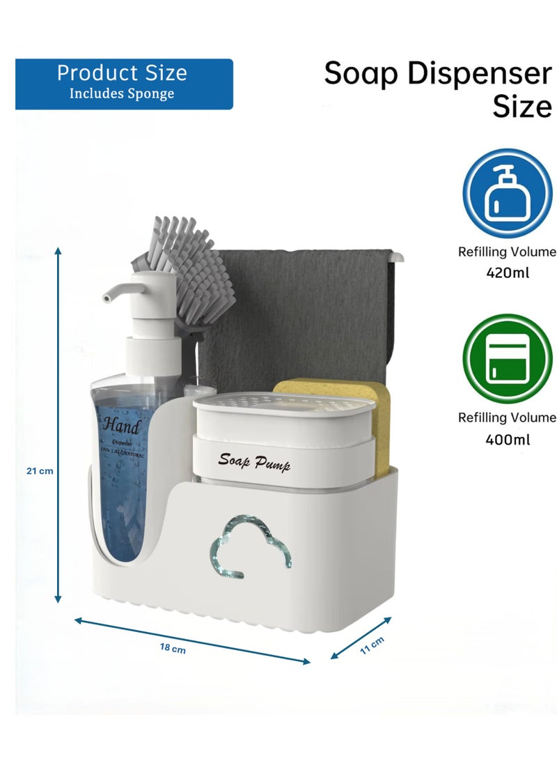 الأساسيات الحضرية مجموعة موزع صابون اليدين والأطباق 5 في 1 مع حامل إسفنجة، وحامل فرشاة ورف مناشف، ومجموعة مضخة صابون الأطباق مع موزع صابون اليدين، ومنظم حوض المطبخ، وحامل حوض الكل في واحد (أبيض) - Image 3