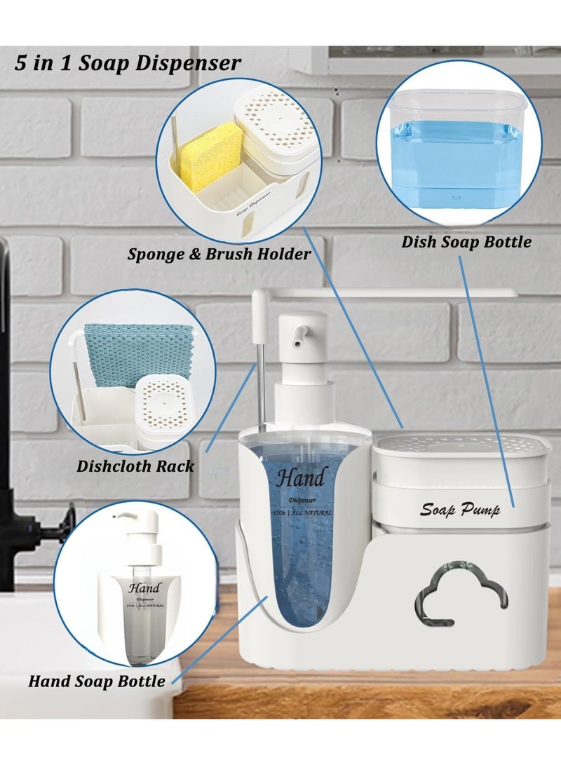 الأساسيات الحضرية مجموعة موزع صابون اليدين والأطباق 5 في 1 مع حامل إسفنجة، وحامل فرشاة ورف مناشف، ومجموعة مضخة صابون الأطباق مع موزع صابون اليدين، ومنظم حوض المطبخ، وحامل حوض الكل في واحد (أبيض) - Image 2