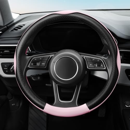 YHONGJT Soft Premium Leather Steering Wheel Cover Breathable NonSlip Grip Universal 15 Inch for Women Girls Fit Vehicles Sedans SUVs Vans Trucks Light Pink - Image 3