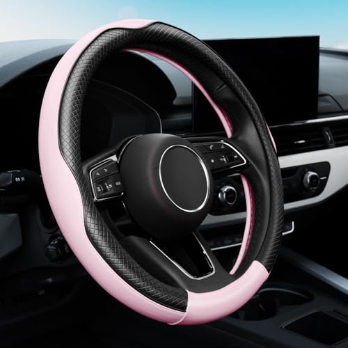 YHONGJT Soft Premium Leather Steering Wheel Cover Breathable NonSlip Grip Universal 15 Inch for Women Girls Fit Vehicles Sedans SUVs Vans Trucks Light Pink - Image 1